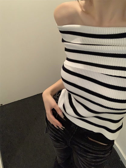 條紋一字肩針織top
