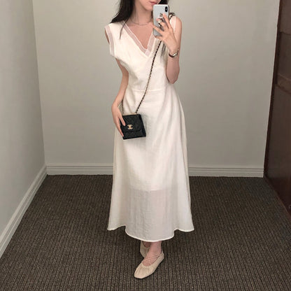 V領拼接無袖連身裙