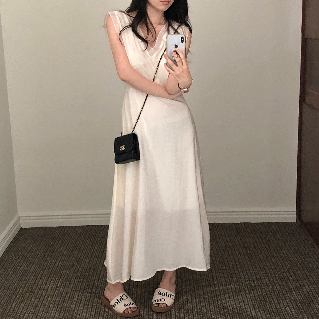 V領拼接無袖連身裙