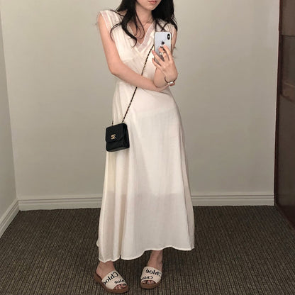 V領拼接無袖連身裙