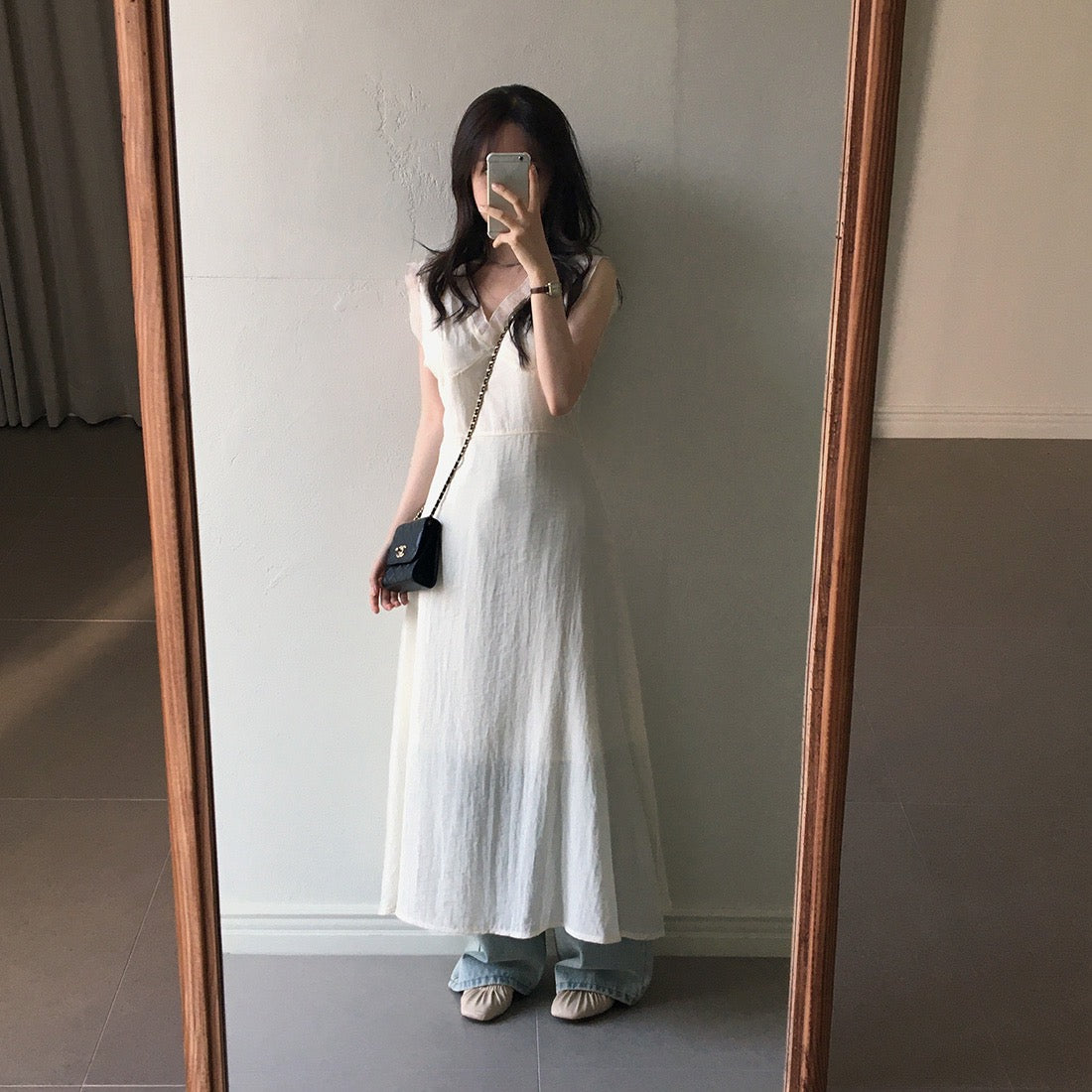 V領拼接無袖連身裙