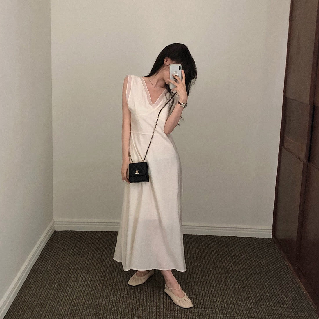 V領拼接無袖連身裙