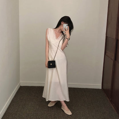 V領拼接無袖連身裙