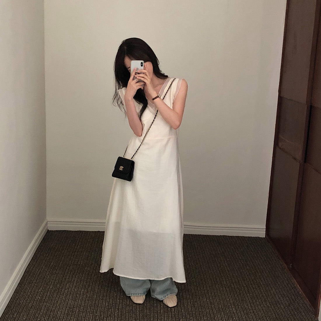 V領拼接無袖連身裙