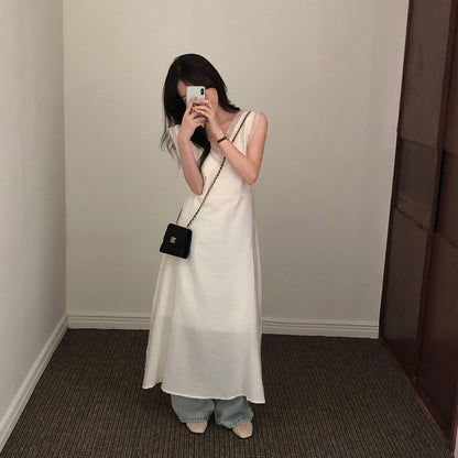 V領拼接無袖連身裙