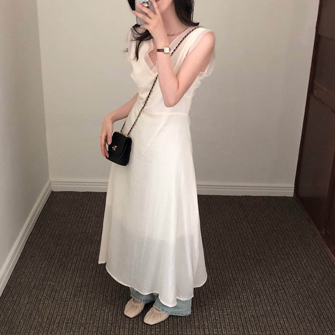 V領拼接無袖連身裙