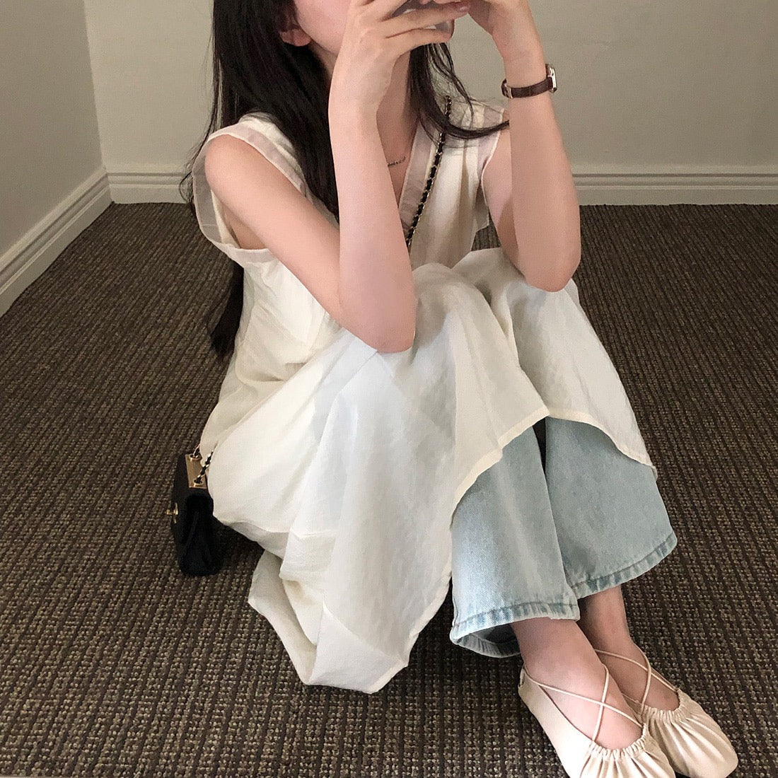 V領拼接無袖連身裙