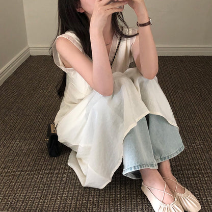 V領拼接無袖連身裙