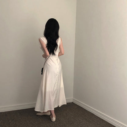 V領拼接無袖連身裙