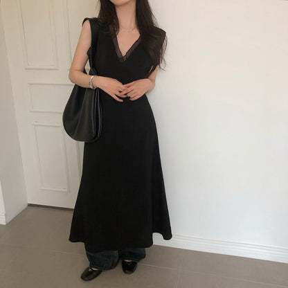 V領拼接無袖連身裙