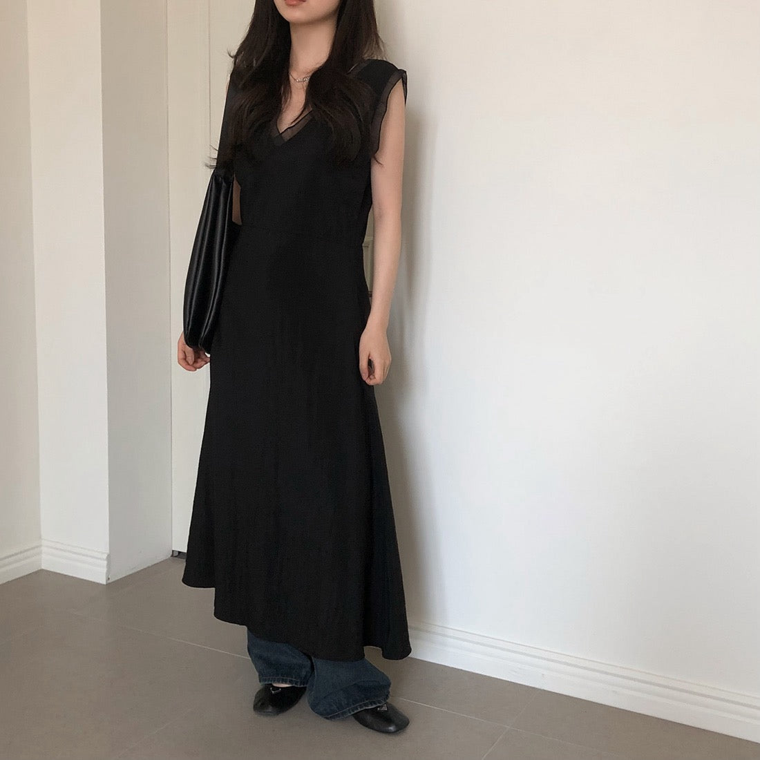 V領拼接無袖連身裙