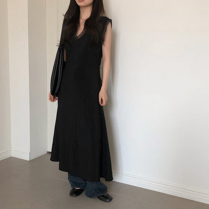 V領拼接無袖連身裙
