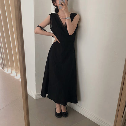 V領拼接無袖連身裙