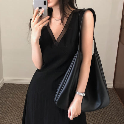 V領拼接無袖連身裙