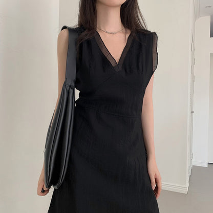 V領拼接無袖連身裙