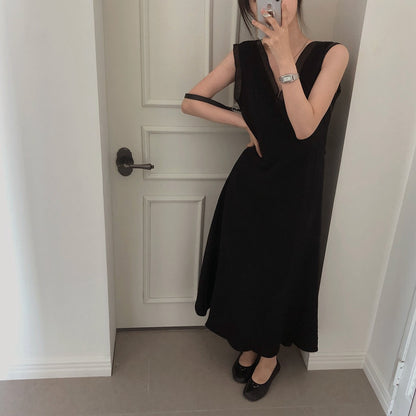 V領拼接無袖連身裙
