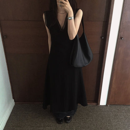 V領拼接無袖連身裙