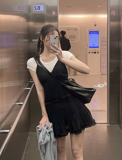 French Sweet Ruffle Edge Strap Dress