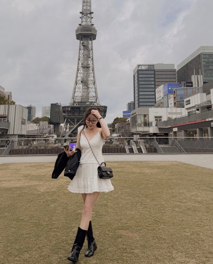 French Sweet Ruffle Edge Strap Dress