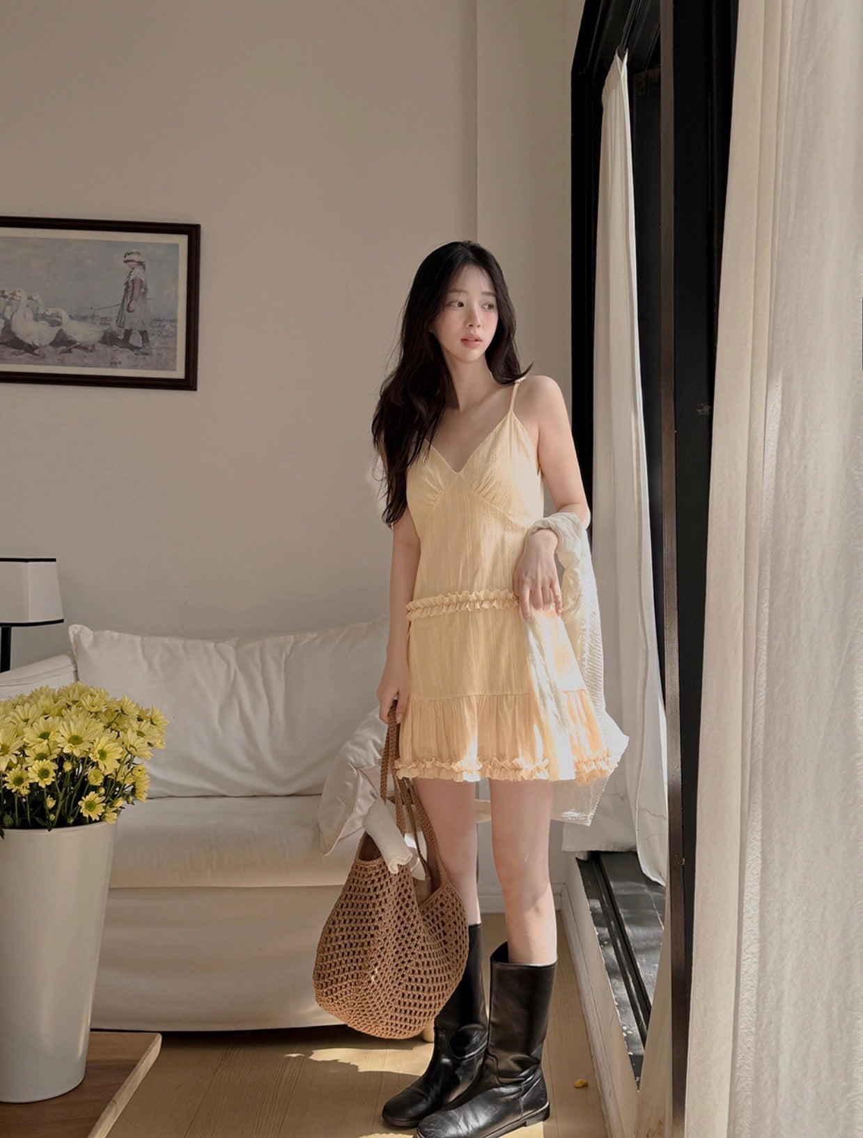 French Sweet Ruffle Edge Strap Dress