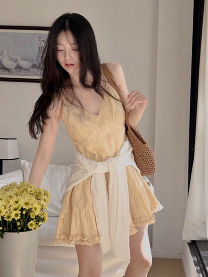 French Sweet Ruffle Edge Strap Dress