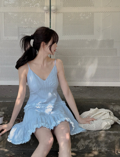 French Sweet Ruffle Edge Strap Dress