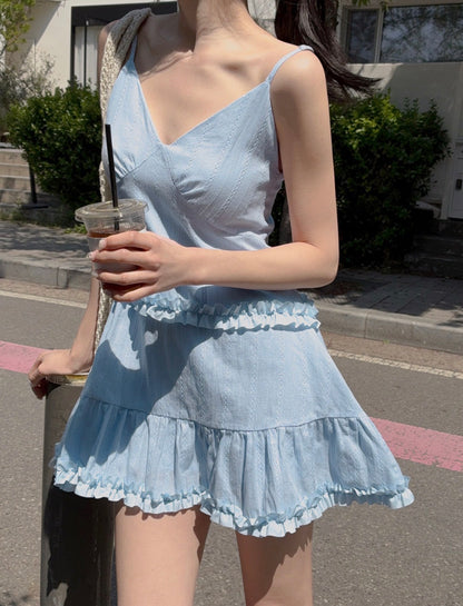 French Sweet Ruffle Edge Strap Dress
