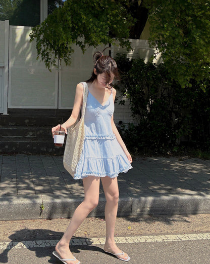 French Sweet Ruffle Edge Strap Dress