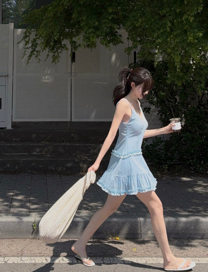 French Sweet Ruffle Edge Strap Dress