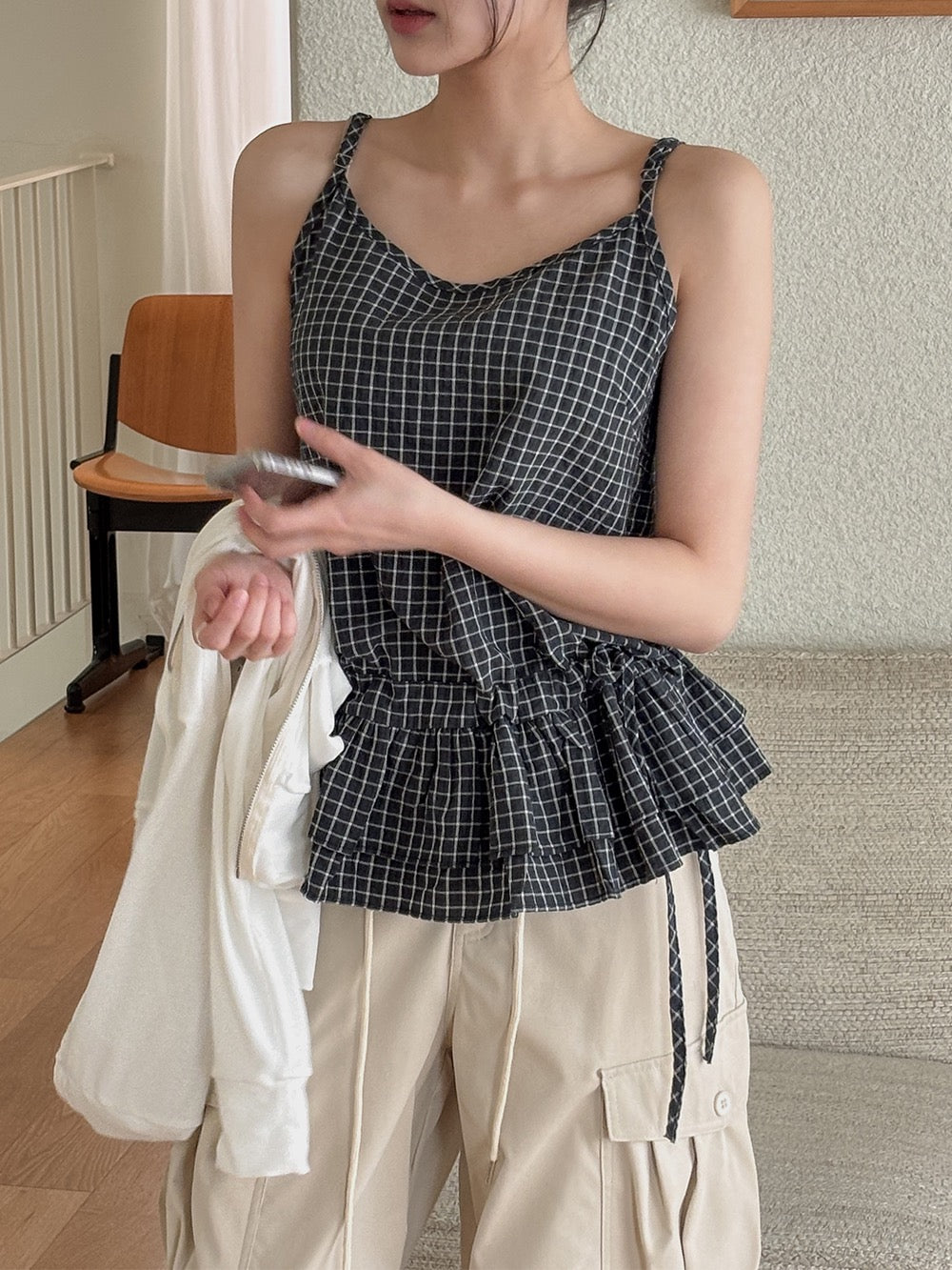 荷葉邊抽繩綁帶吊帶