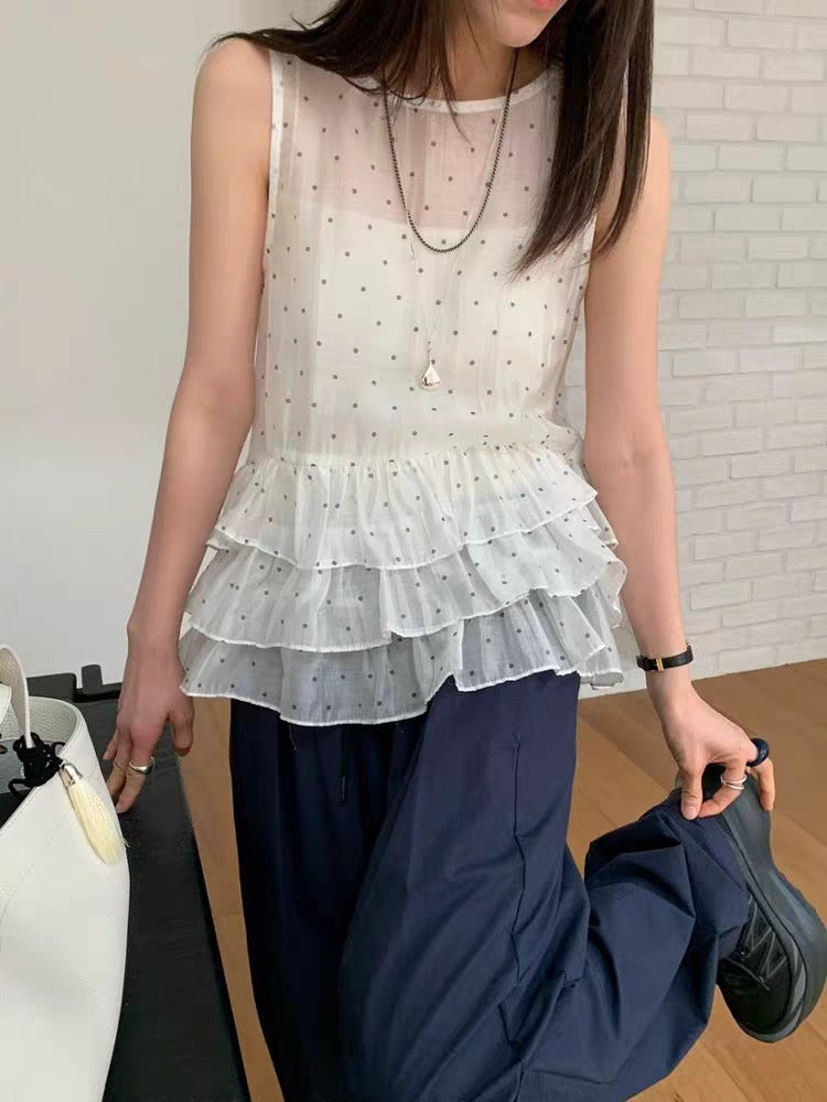Sweet Sleeveless Layered Polka Dot Blouse