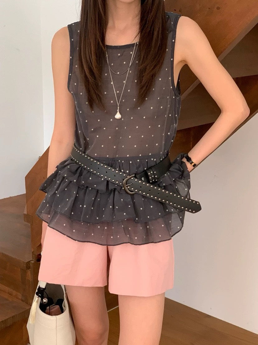 Sweet Sleeveless Layered Polka Dot Blouse