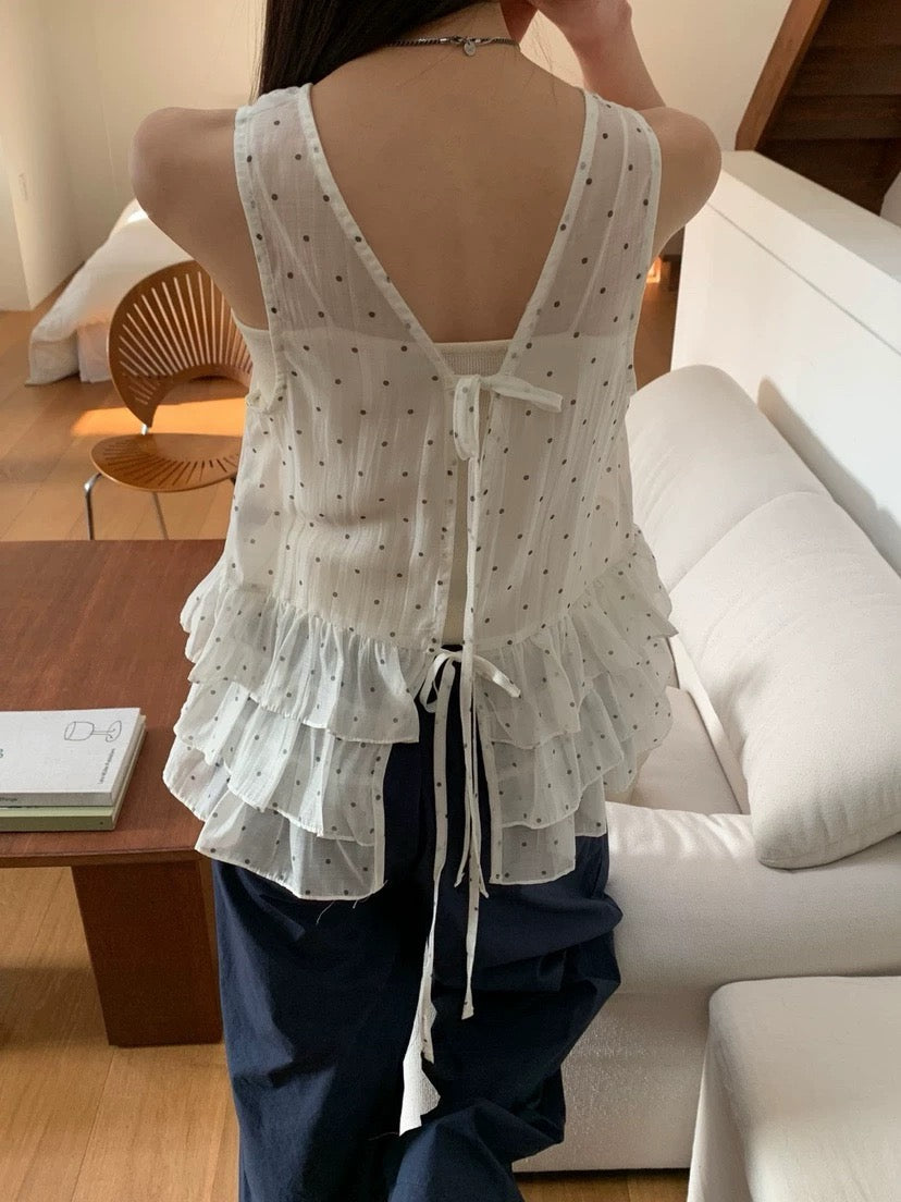 Sweet Sleeveless Layered Polka Dot Blouse
