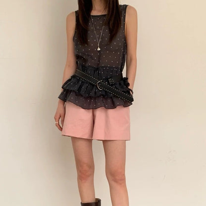 Sweet Sleeveless Layered Polka Dot Blouse