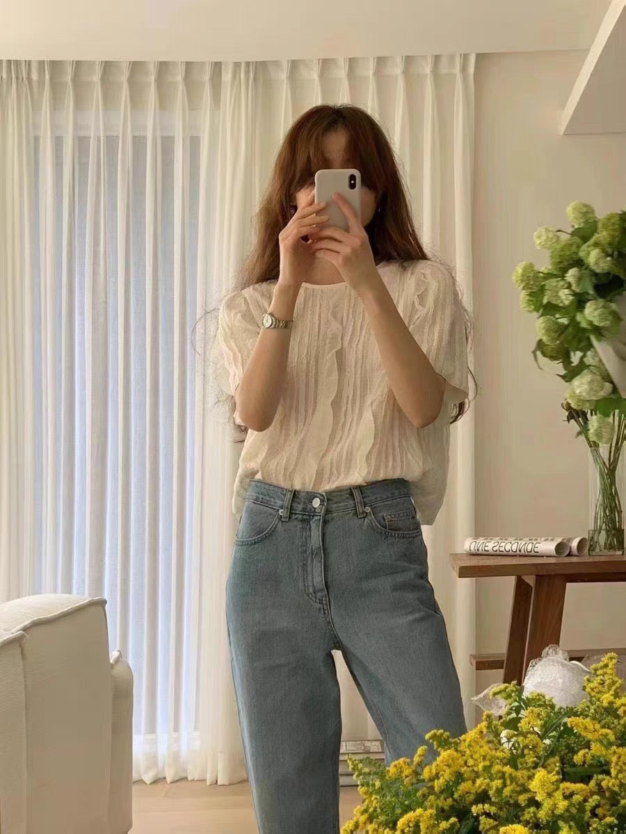 Pleated Texture Ruffle Blouse