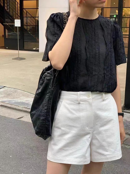 Pleated Texture Ruffle Blouse