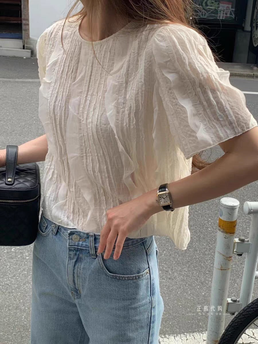 Pleated Texture Ruffle Blouse