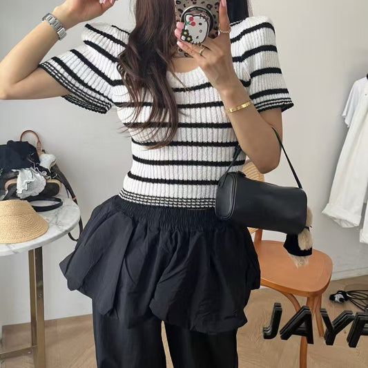 條紋撞色修身針織Top