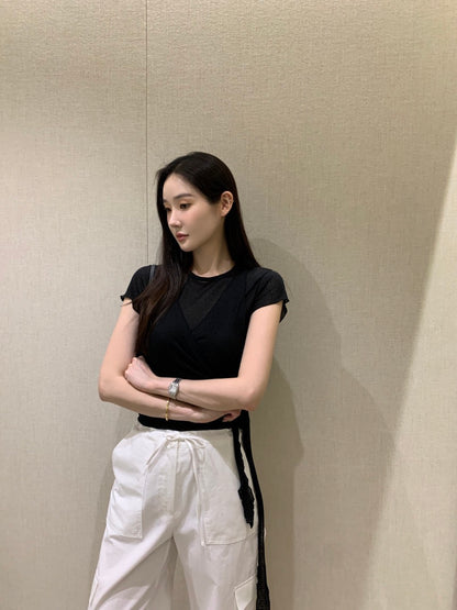 卷邊短袖+背心繫帶兩件套