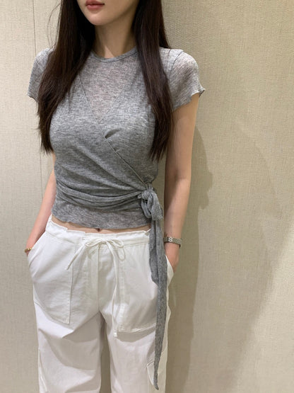 卷邊短袖+背心繫帶兩件套