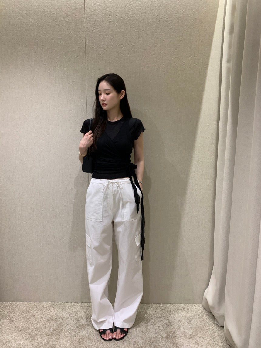 卷邊短袖+背心繫帶兩件套