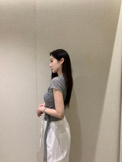 卷邊短袖+背心繫帶兩件套