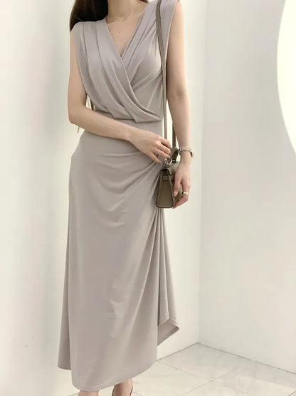 V領褶皺背心連身裙