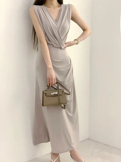 V領褶皺背心連身裙