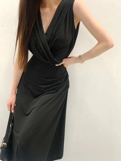 V領褶皺背心連身裙