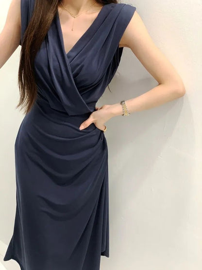 V領褶皺背心連身裙