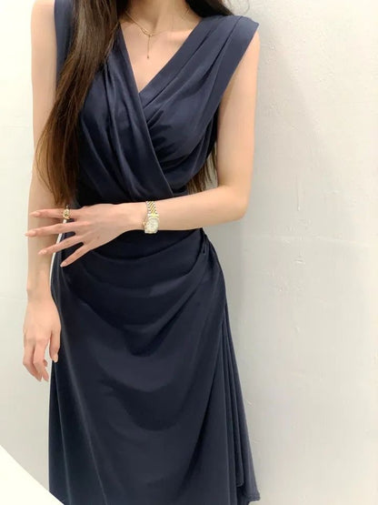 V領褶皺背心連身裙