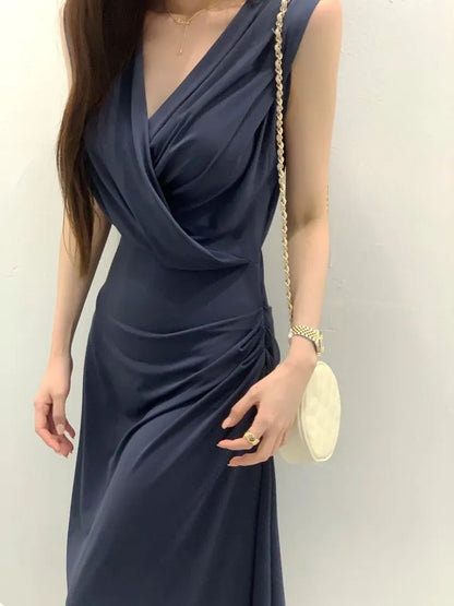 V領褶皺背心連身裙