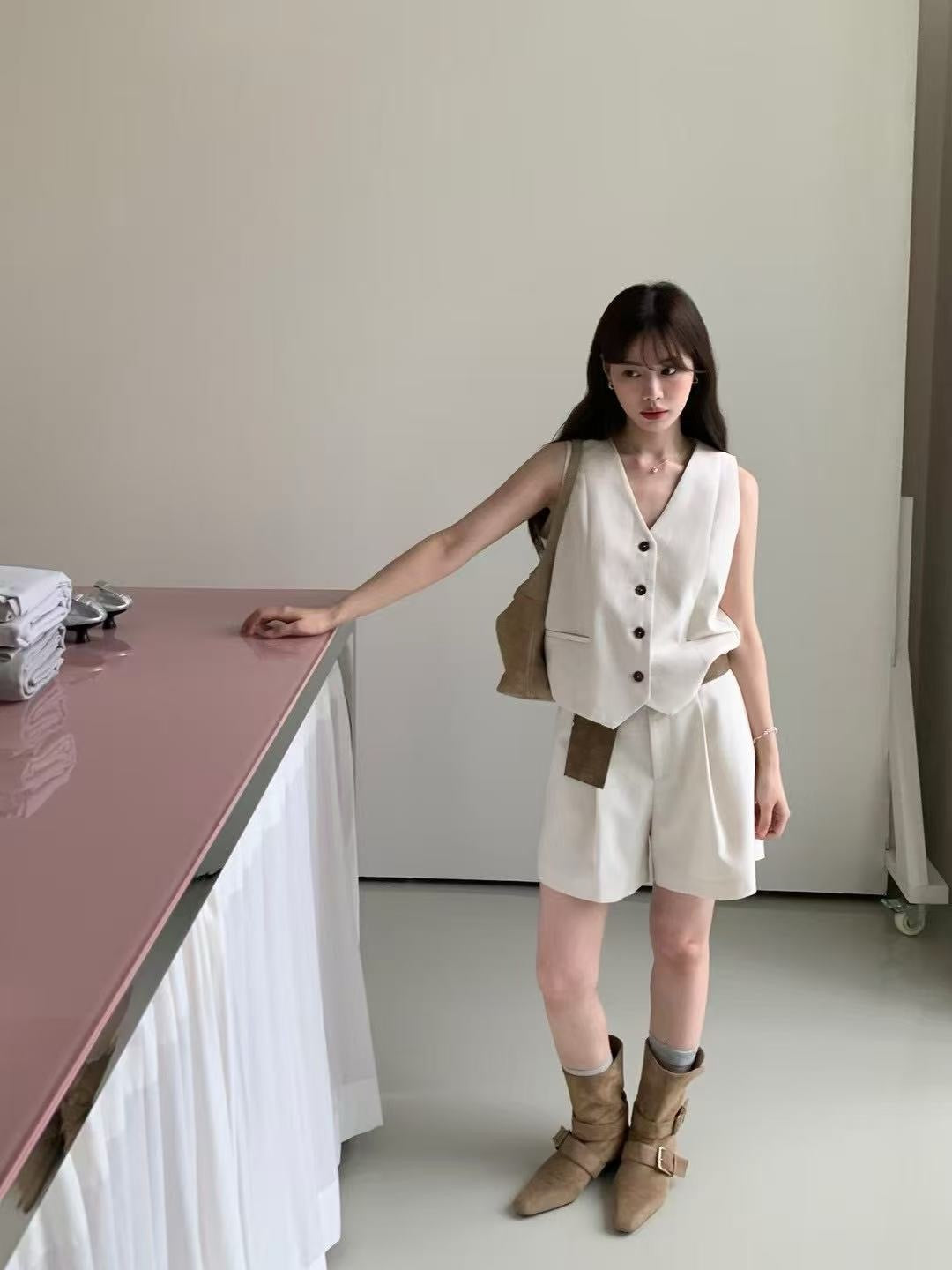 V-neck single-breasted vest + high-waisted shorts set