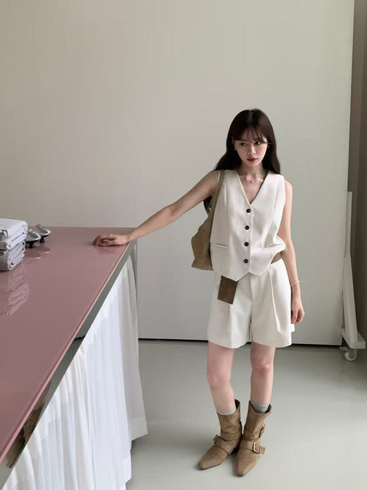 V領單排扣背心+高腰短褲set